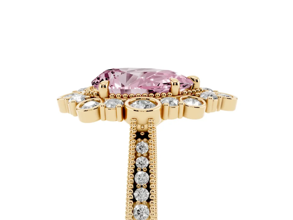 Fancy Pink Pear Cut Halo Milgrain Pave Diamond Ring with Four-Prong Setting Yellow gold