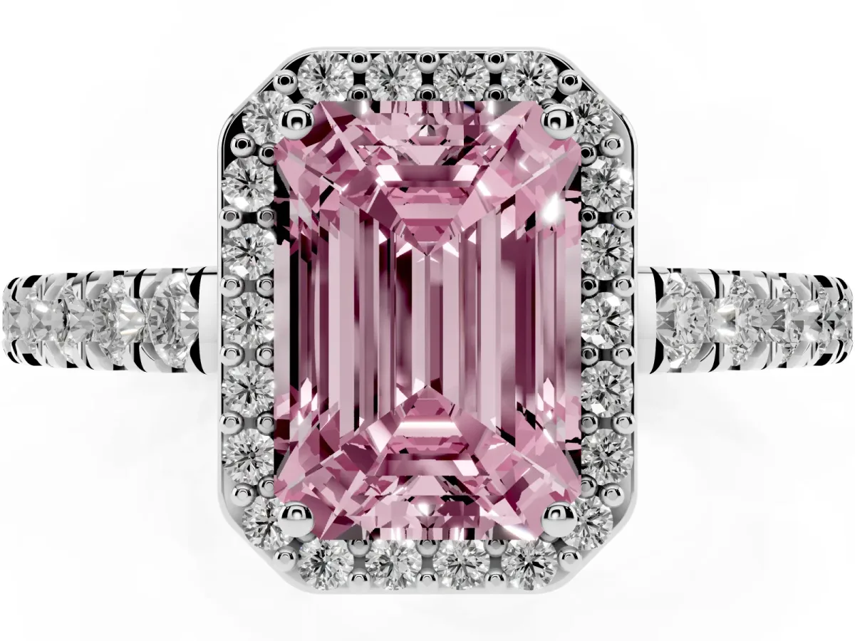 Fancy Pink Emerald Cut Cut Halo Diamond Engagement Ring with Pave Band and Four-Prong Setting White gold