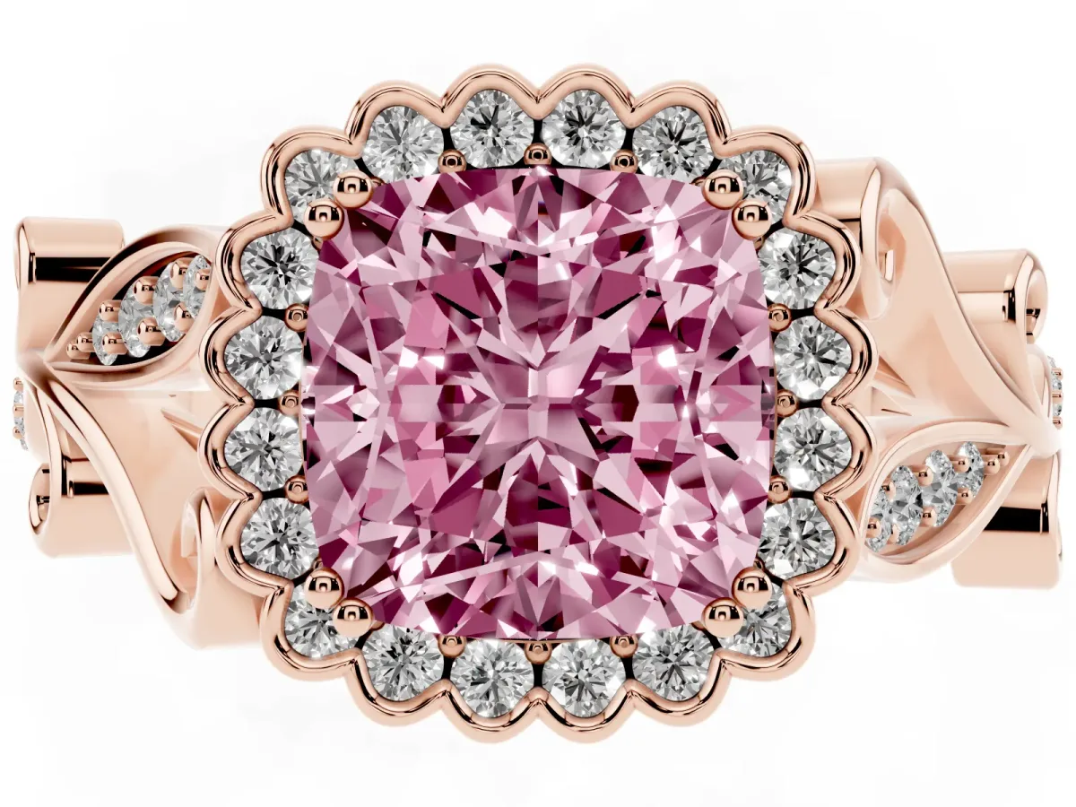 Fancy Pink Cushion Cut Diamond Halo Ring with Vintage Split Shank and Four-Prong Setting Rose gold