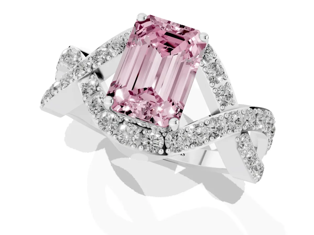 Fancy Pink Emerald Cut Solitaire Twist Band Pavé Diamond Engagement Ring Silver