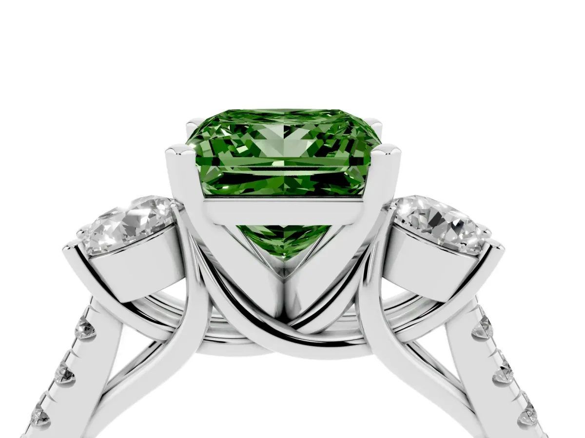 Fancy Green Three-Stone Princess Cut Diamond Pavé Band with Four-Prong Setting Silver