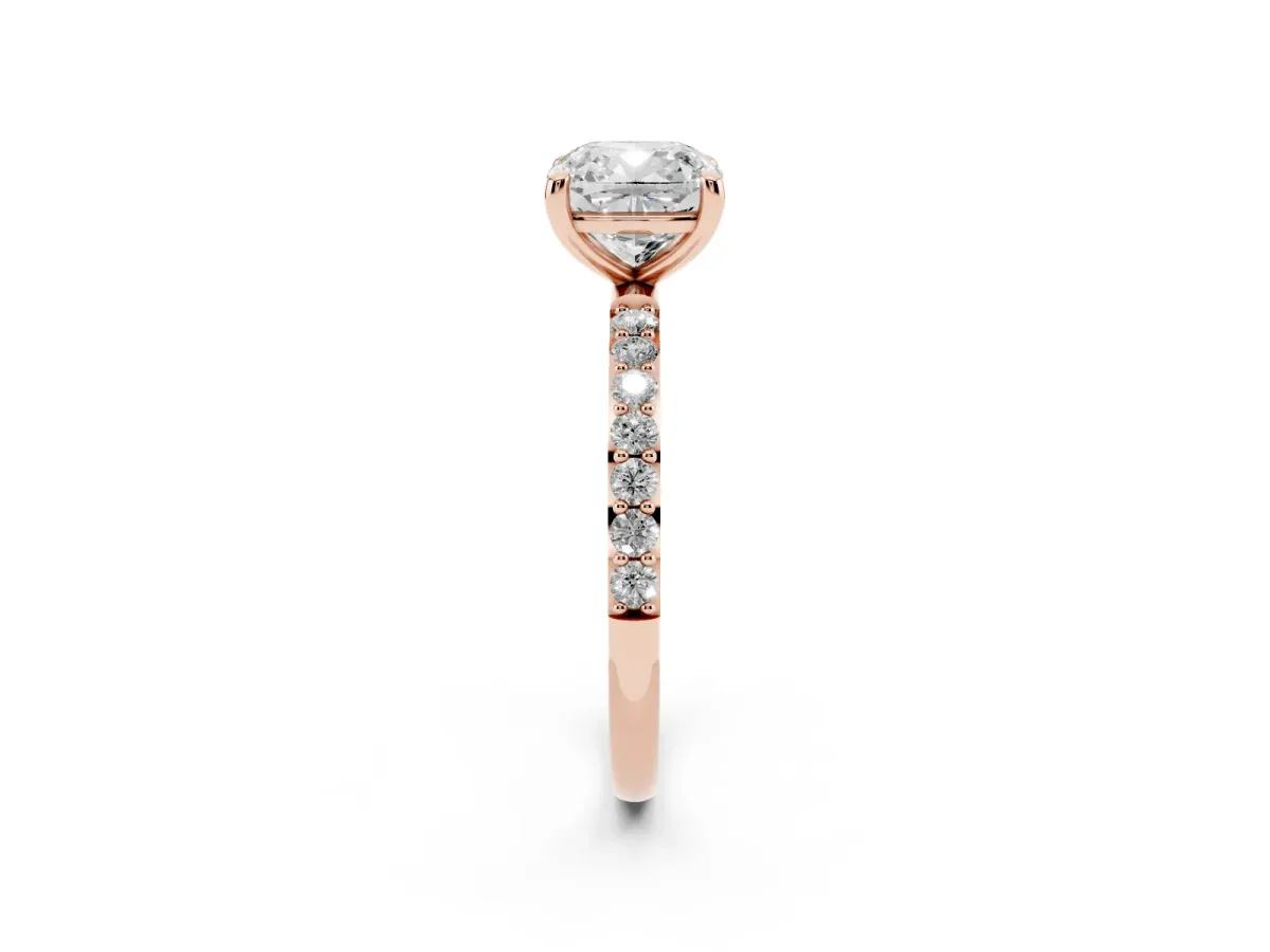 Cushion Cut Diamond Solitaire Ring with Round Pavé Band and Prong Setting Rose gold