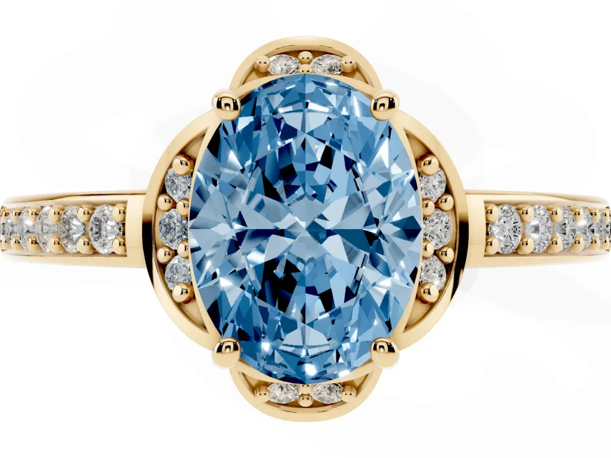 Fancy Blue Oval Cut Cut Halo Diamond Ring with Channel Set Band and Four-Prong Setting Yellow gold