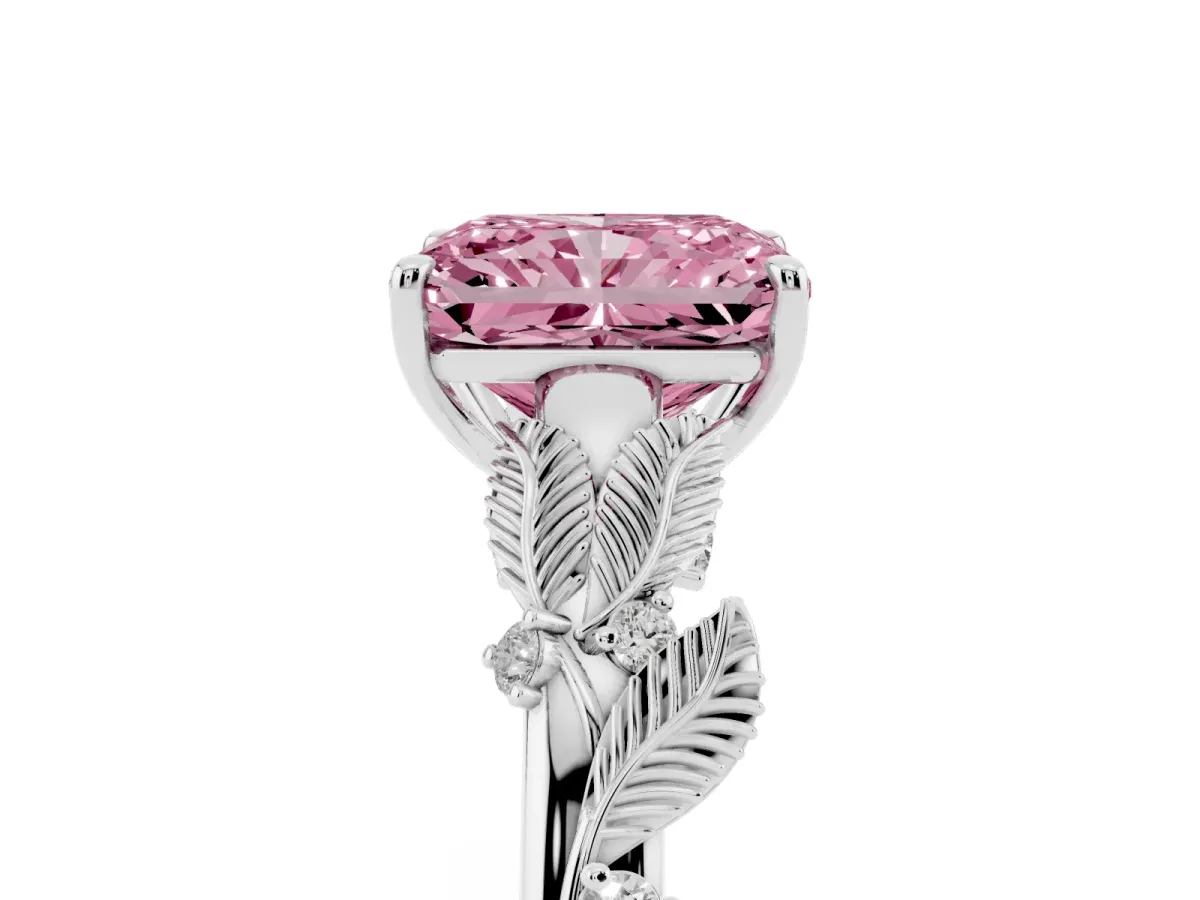 Fancy Pink Radiant Cut Diamond Solitaire Ring with Leaf Motif Band and Four-Prong Setting Silver