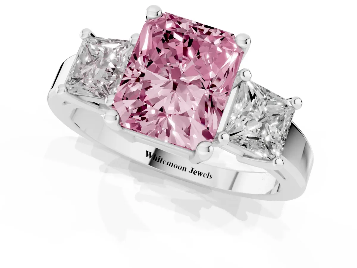 Fancy Pink Three-Stone Radiant Cut Cut Solitaire Ring with Prong Setting Platinum