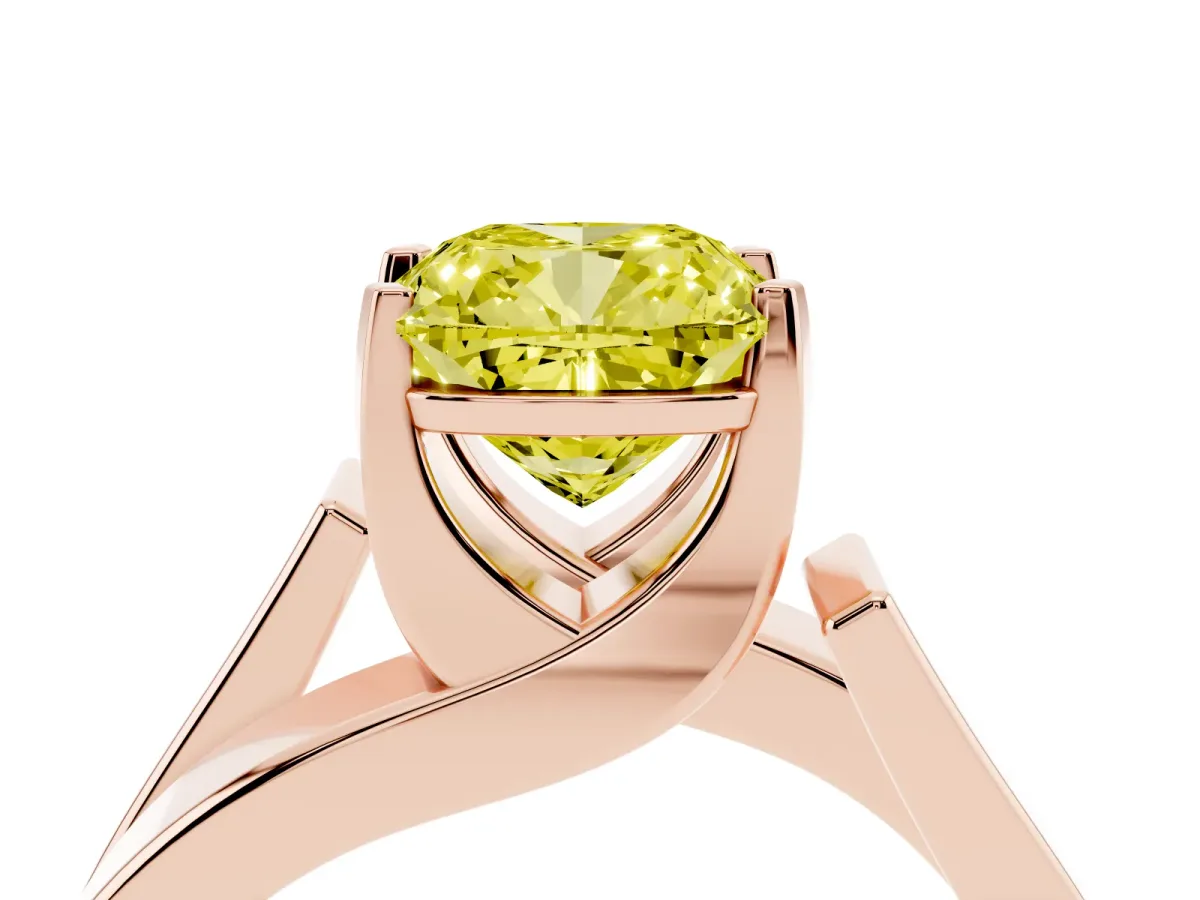Fancy Yellow Modern Tension Set Cushion Cut Diamond Solitaire Wide Band Ring Rose gold