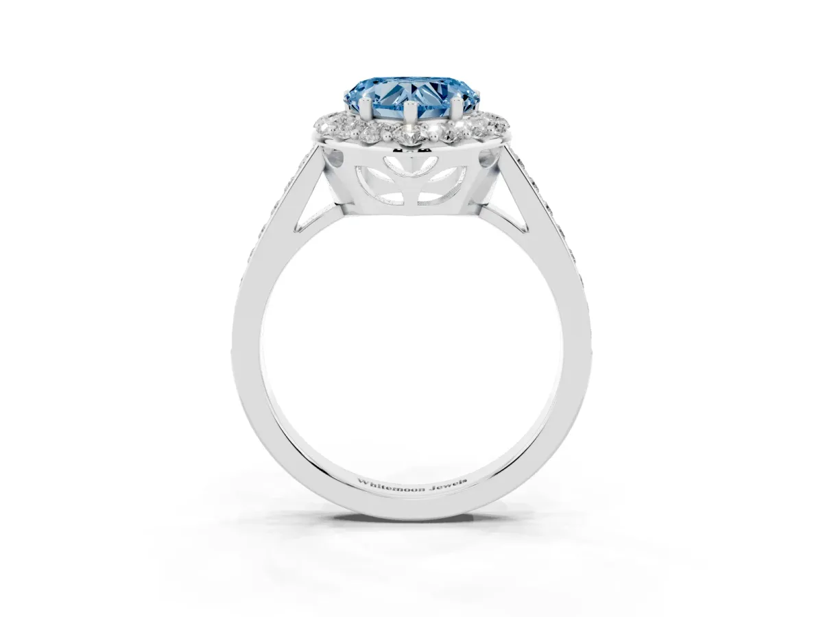 Fancy Blue Heart Cut Diamond Floral Halo Ring with Pavé Band and Prong Setting White gold