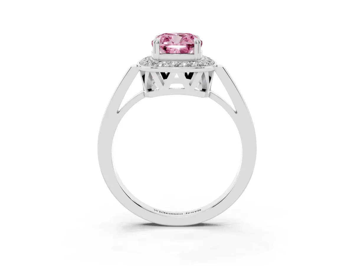 Fancy Pink Cushion Cut Diamond Halo Ring with Split Shank and Four-Prong Setting Silver