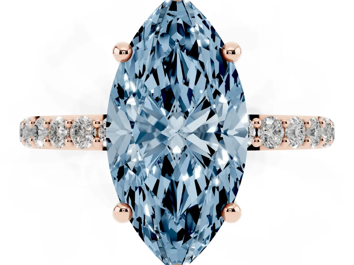 Fancy Blue Marquise Cut Diamond Solitaire Ring with Round Pavé Band and Prong Setting Rose gold