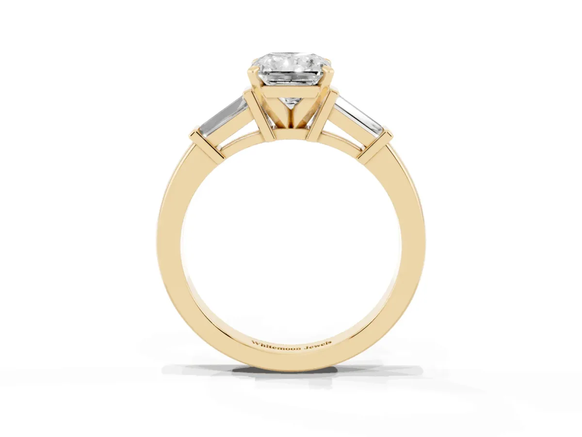 Radiant Cut Cut Diamond Solitaire Ring with Tapered Baguette Accents and Four-Prong Setting Yellow gold
