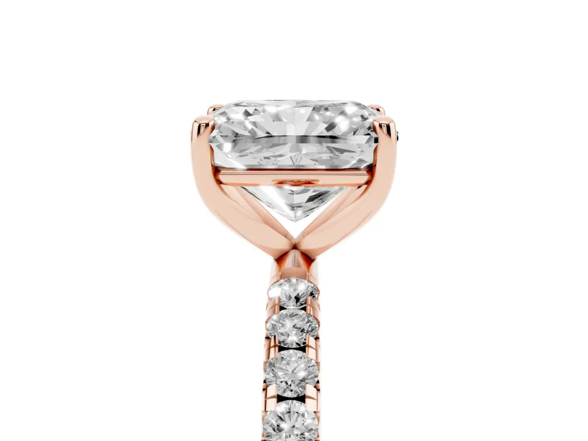 Radiant Cut Cut Diamond Solitaire Ring with Micro Pave Band and Four Prong Setting Rose gold