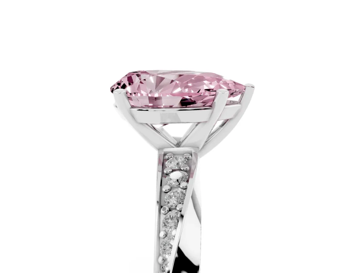 Fancy Pink Pear Cut Diamond Engagement Ring with Side Stone Accents and Four-Prong Setting Silver