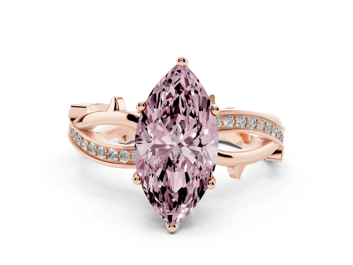 Fancy Pink Marquise Cut Solitaire Twist Band with Pavé Accents and Four-Prong Setting Rose gold