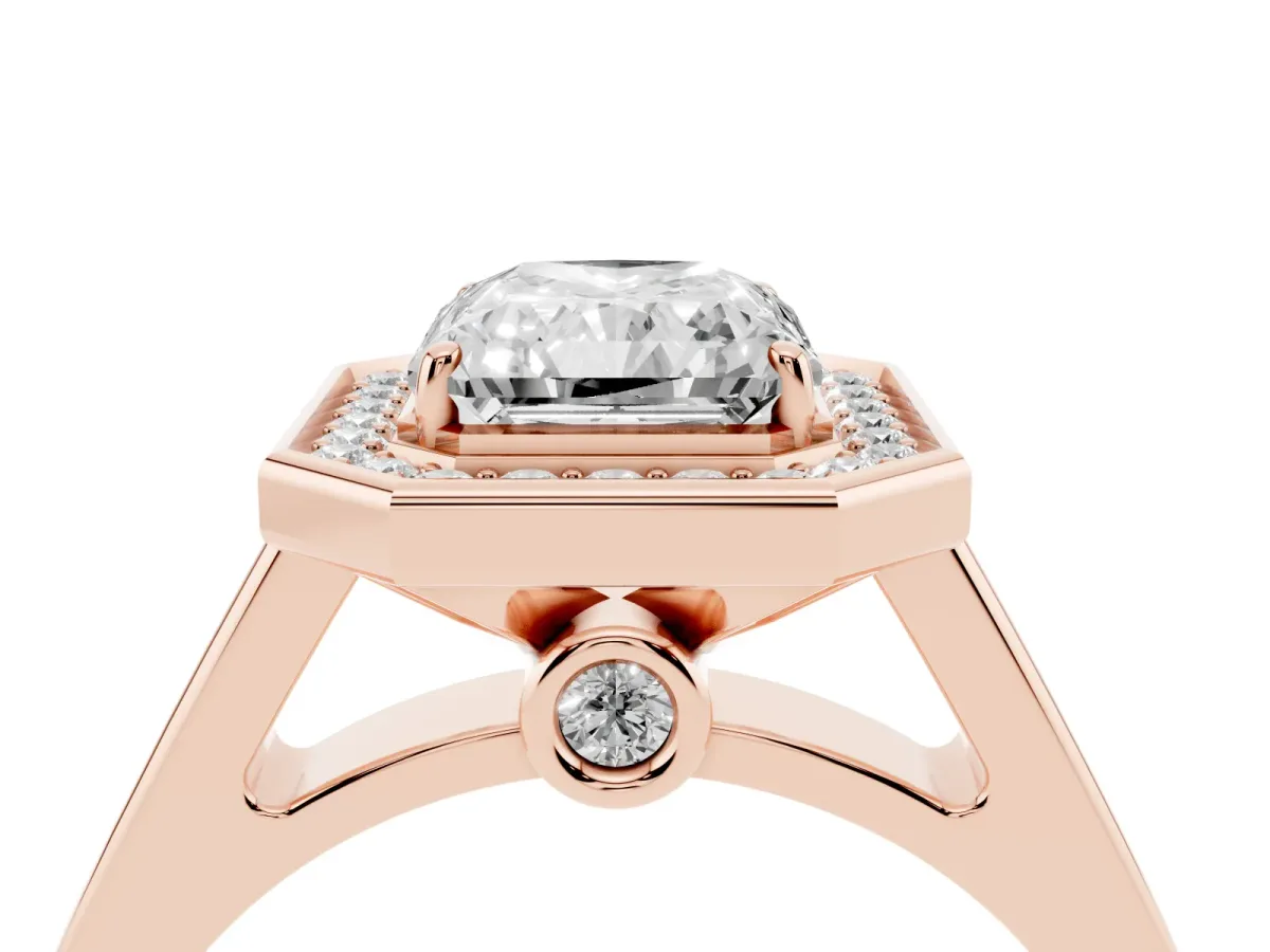 Radiant Cut Halo Solitaire Diamond Ring with Pave Band and Bezel Setting Rose gold
