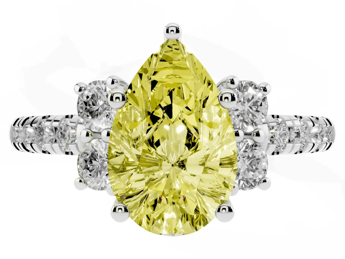 Fancy Yellow Pear Cut Diamond Three-Stone Pave Band with Four-Prong Setting Platinum