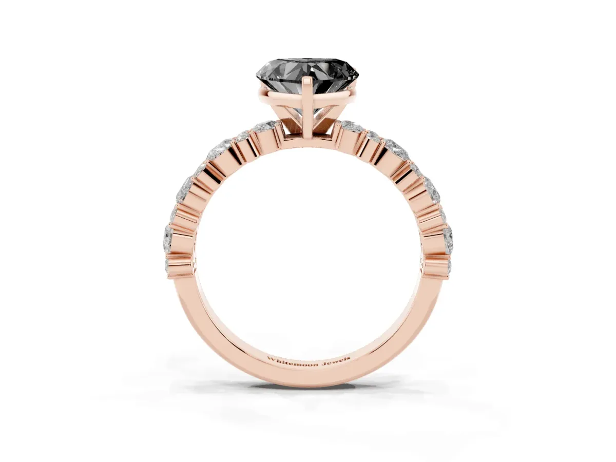 Fancy Black Heart Cut Diamond Side Stone Solitaire Ring with Round and Four-Prong Setting Rose gold