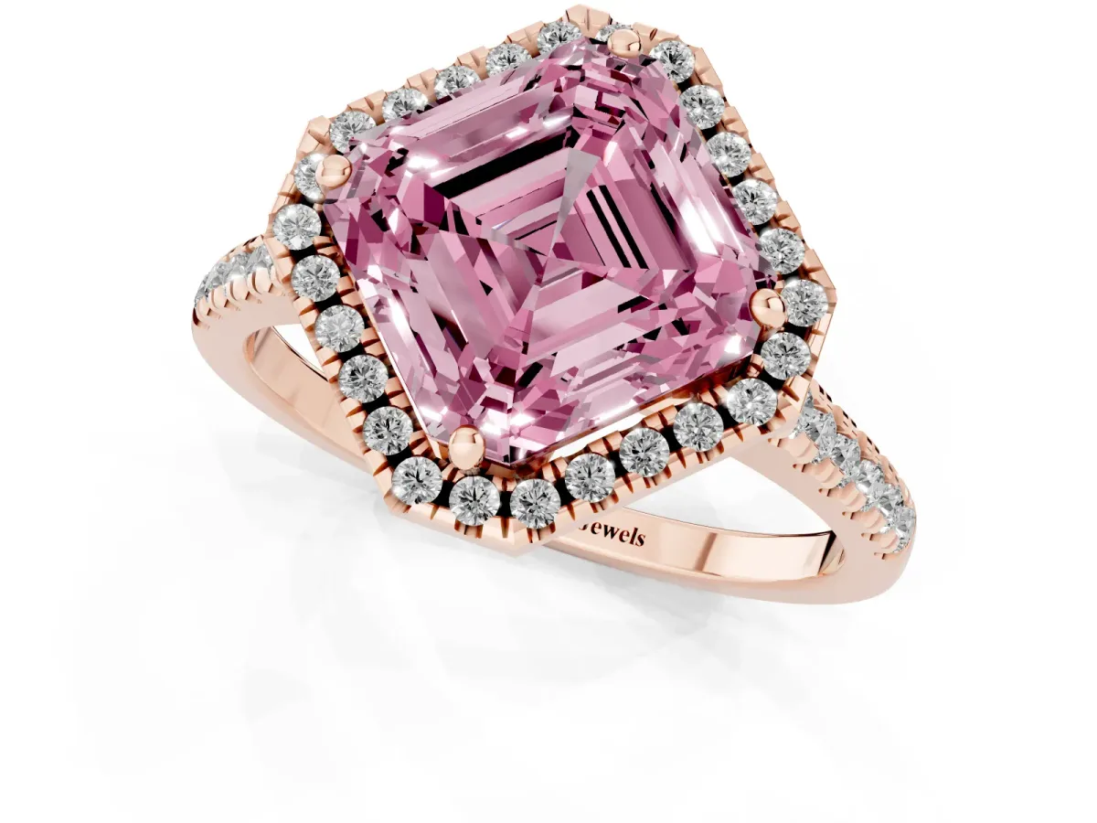 Fancy Pink Asscher Cut Diamond Cushion Halo Ring with Pavé Band Rose gold