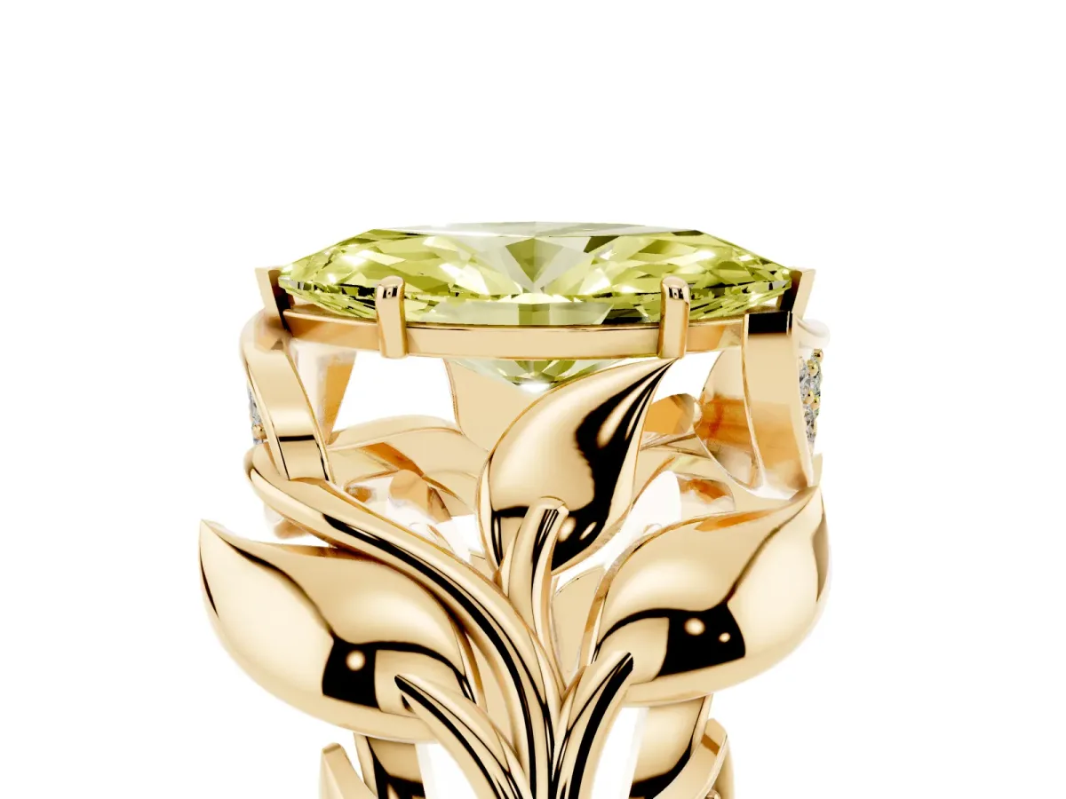 Fancy Yellow Marquise Cut Diamond Leaf-Inspired Engagement Ring with Round Accents and Prong Setting Yellow gold