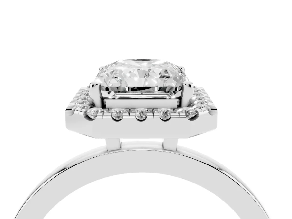 Radiant Cut Halo Diamond Solitaire with Pavé Band and Four-Prong Setting Silver