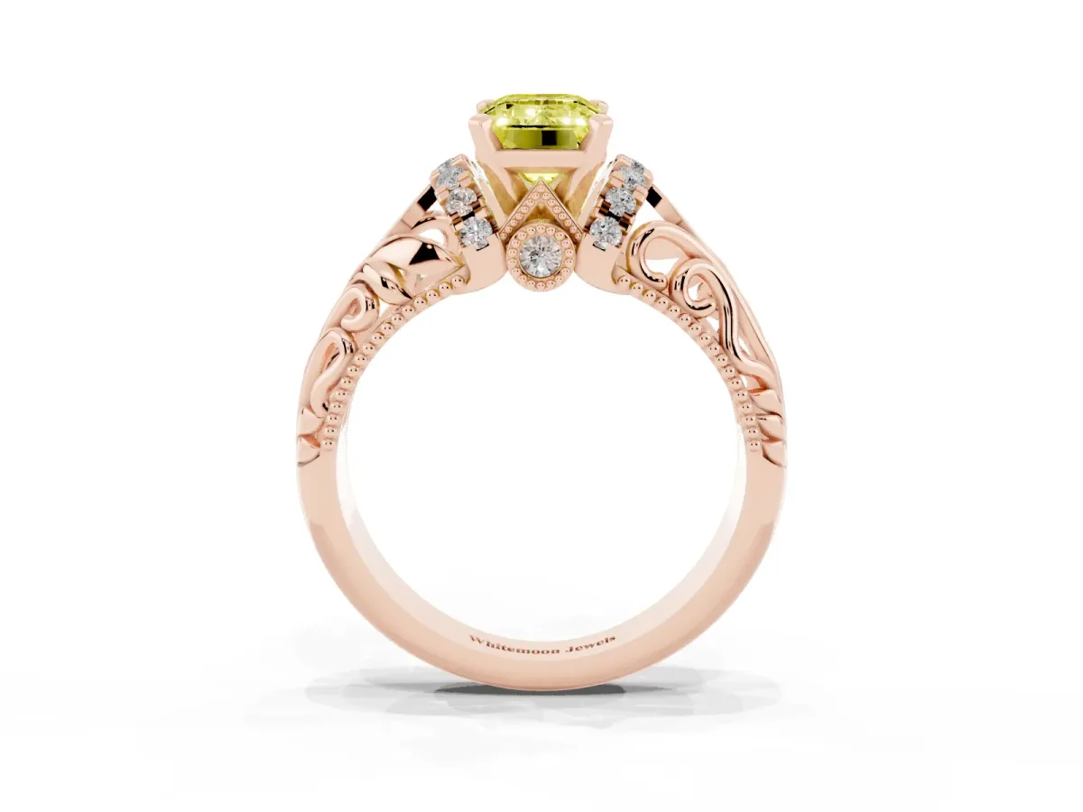 Fancy Yellow Emerald Cut Solitaire Filigree Engagement Ring with Halo and Prong Setting Rose gold