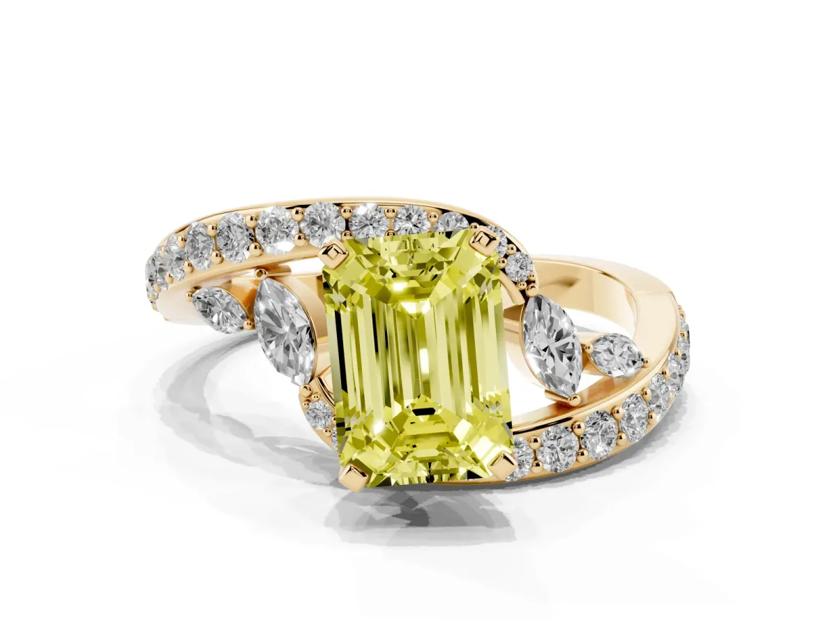 Fancy Yellow Emerald Cut Solitaire with Pavé Twist Band and Four-Prong Setting Yellow gold