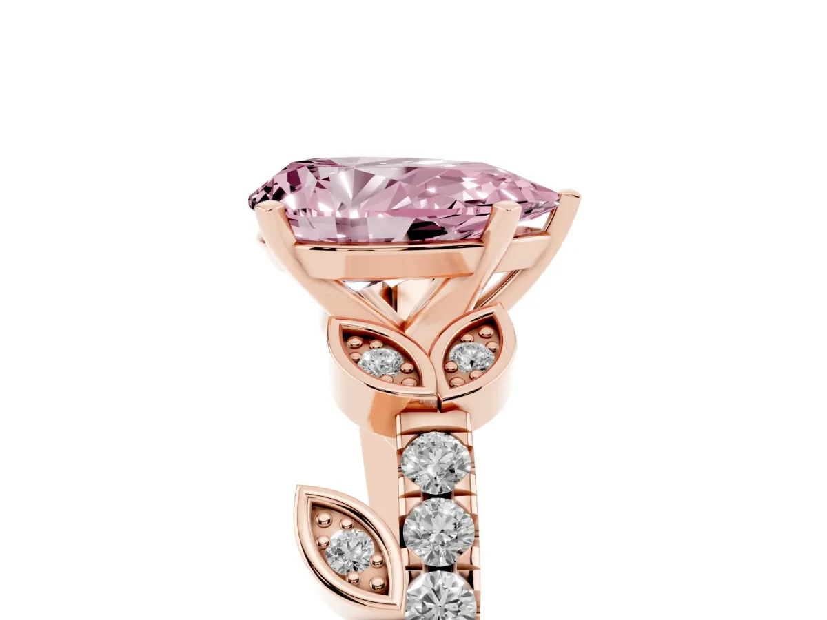 Fancy Pink Pear Cut Solitaire Leaf-Inspired Diamond Ring with Pavé Band and Four-Prong Setting Rose gold