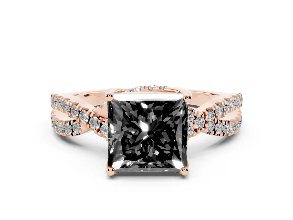 Fancy Black Princess Cut Solitaire Twist Pave Diamond Engagement Ring with Prong Setting Rose gold