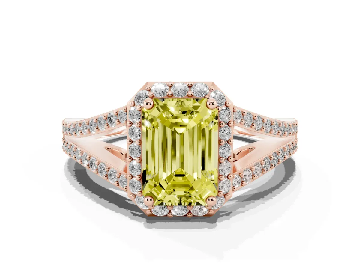 Fancy Yellow Emerald Cut Halo Split Shank Diamond Ring with Prong Setting Rose gold