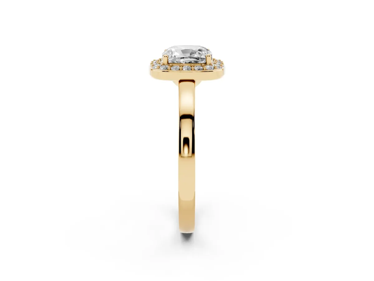 Cushion Cut Halo Diamond Ring with Solitaire Band and Prong Setting Yellow gold