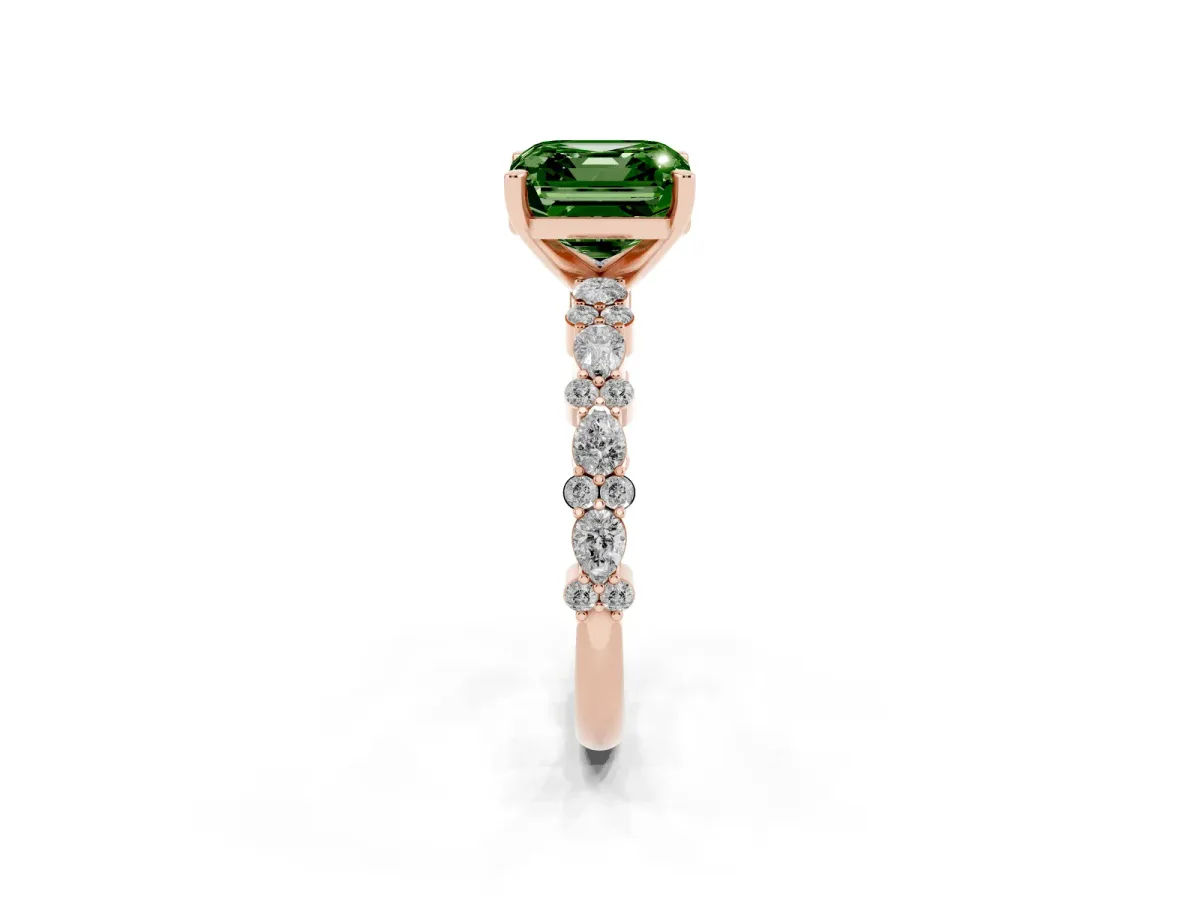 Fancy Green Asscher Cut Diamond Side Stone Solitaire Ring with Round and Four-Prong Setting Rose gold
