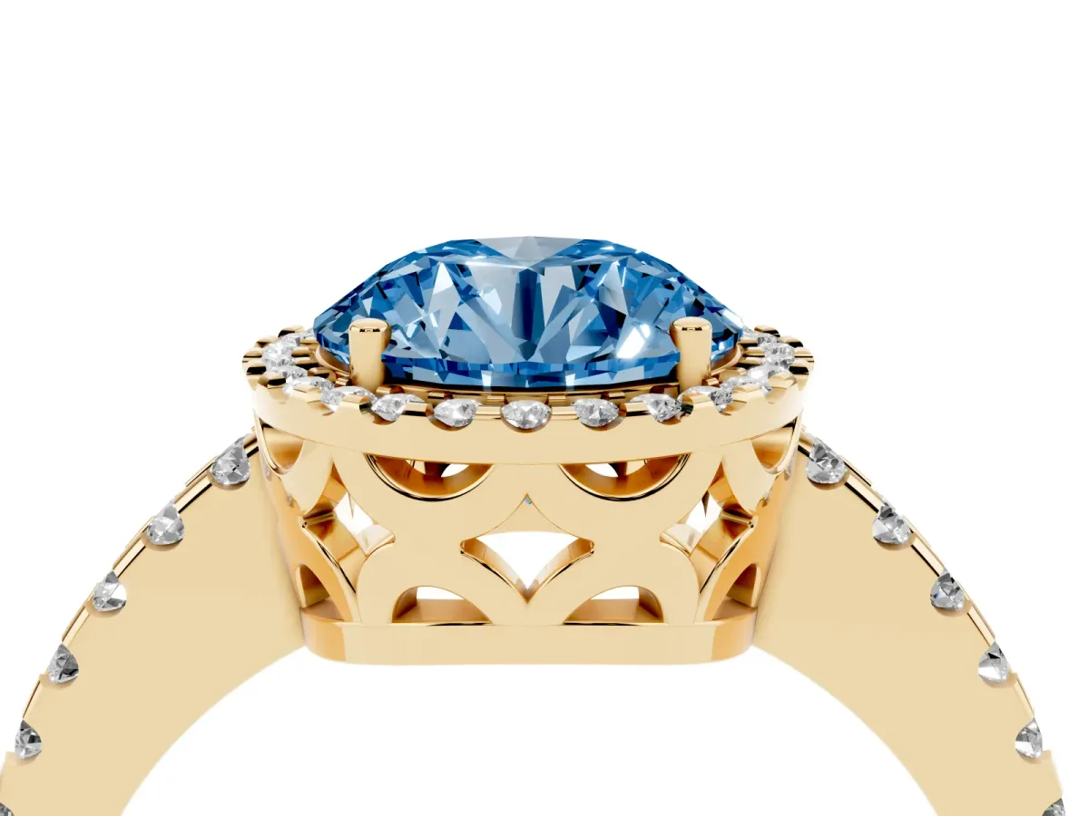 Fancy Blue Round Cut Diamond Halo Engagement Ring with Pavé Band and Prong Setting Yellow gold