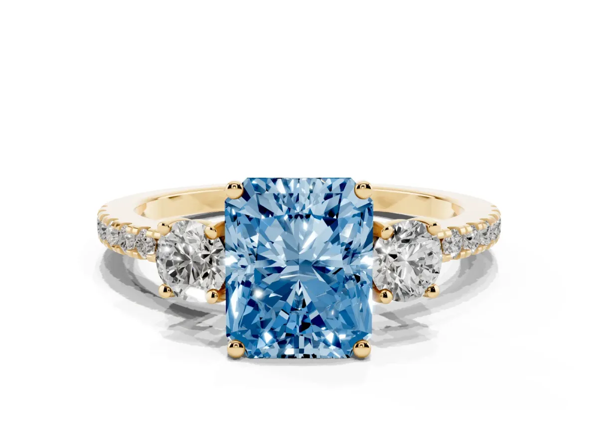 Fancy Blue Three-Stone Radiant Cut Cut Diamond Pavé Band with Prong Setting Yellow gold