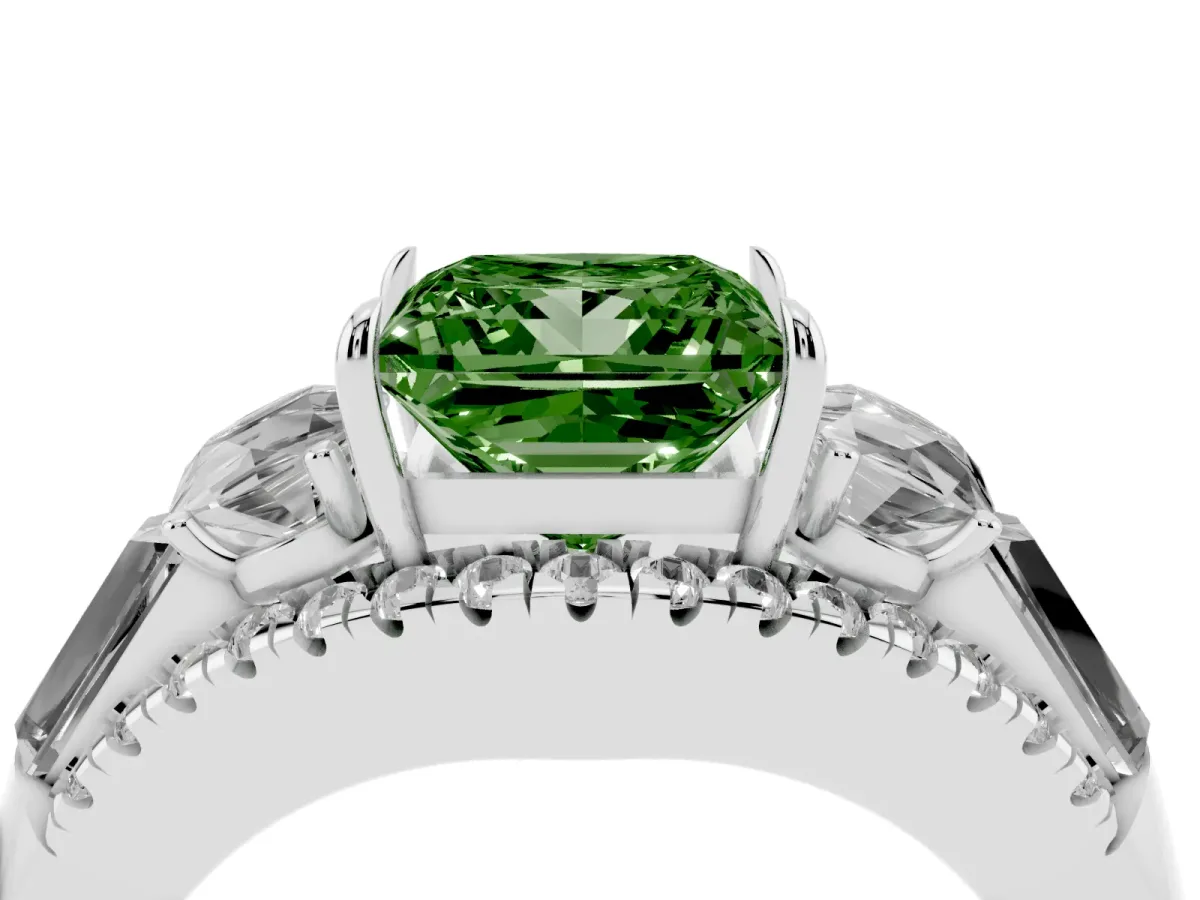 Fancy Green Three-Stone Princess Cut Diamond Engagement Ring with Pave Band and Prong Setting Silver