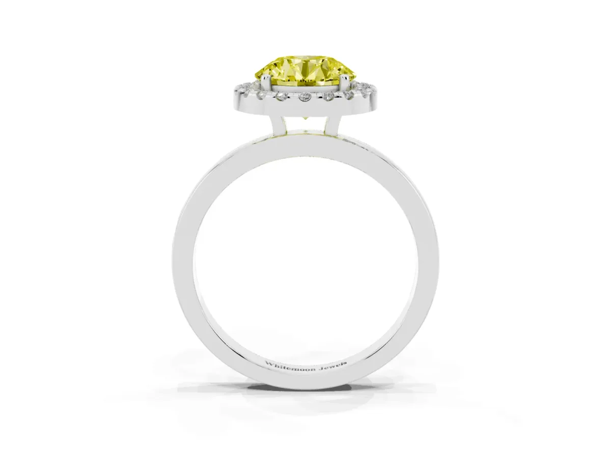 Fancy Yellow Round Cut Halo Diamond Solitaire with Pavé Band and Four-Prong Setting Silver