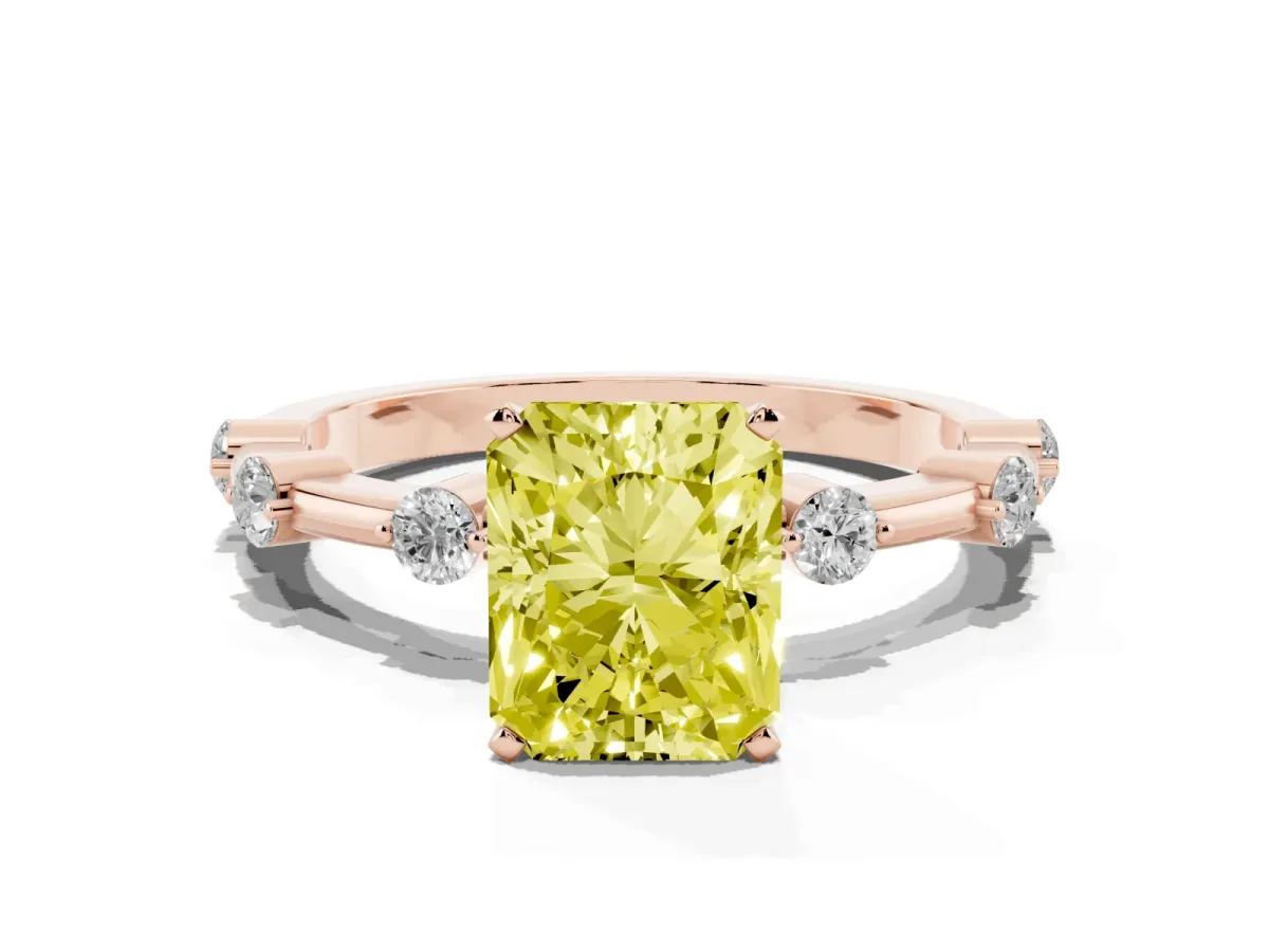 Fancy Yellow Radiant Cut Solitaire Diamond Ring with Bezel Set Side Stones and Prong Setting Rose gold