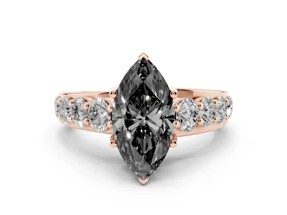 Fancy Black Marquise Cut Diamond Engagement Ring with Pavé Band and Four-Prong Setting Rose gold