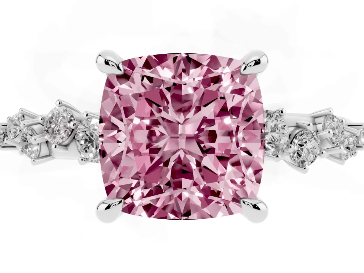 Fancy Pink Cushion Cut Cut Diamond Vine Band with Four-Prong Setting Platinum