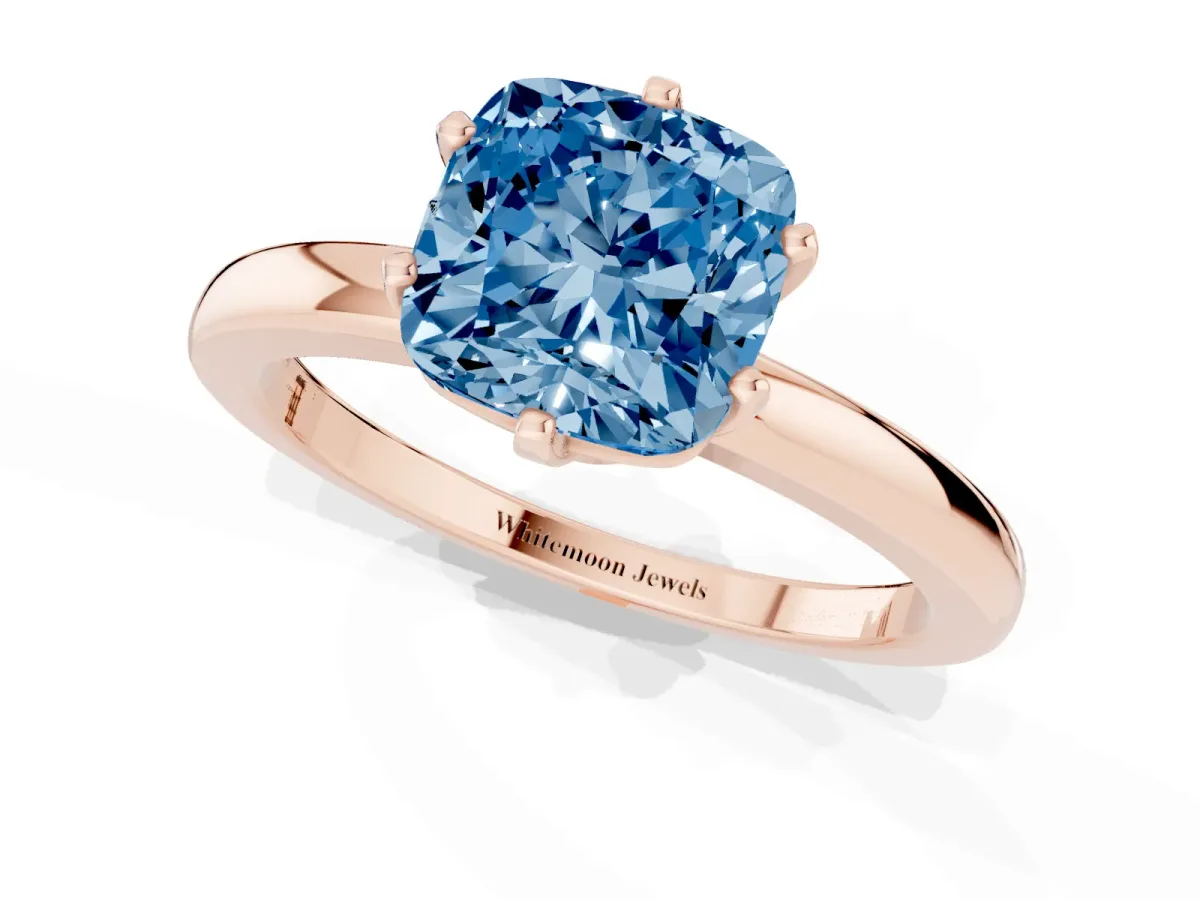 Fancy Blue Cushion Cut Solitaire Diamond Ring with Six-Prong Setting on a Classic Band Rose gold