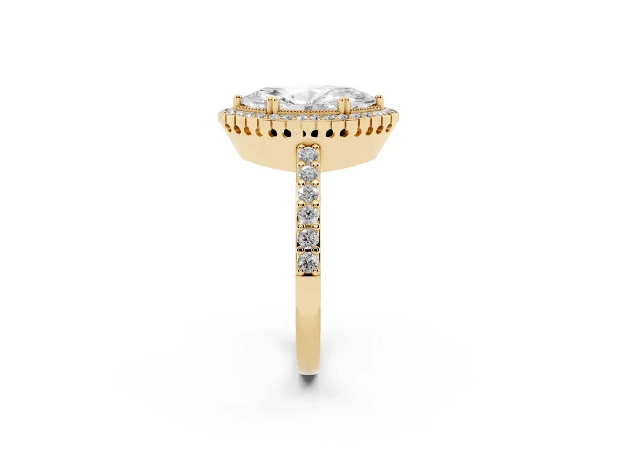 Marquise Cut Cut Diamond Halo Engagement Ring with Milgrain Detail and Pavé Band Yellow gold
