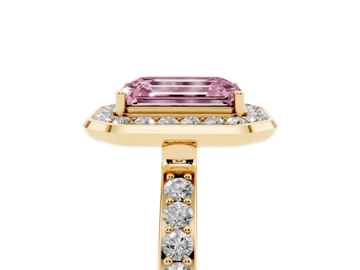 Fancy Pink Emerald Cut Diamond Halo Ring with Bezel Frame and Pavé Band Yellow gold