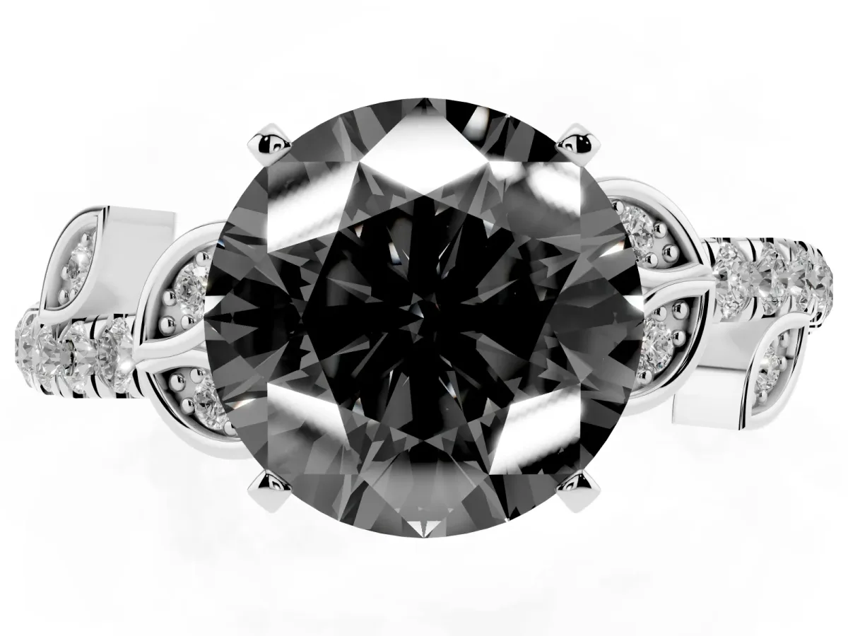 Fancy Black Round Cut Solitaire Leaf-Inspired Diamond Ring with Pavé Band and Four-Prong Setting Silver