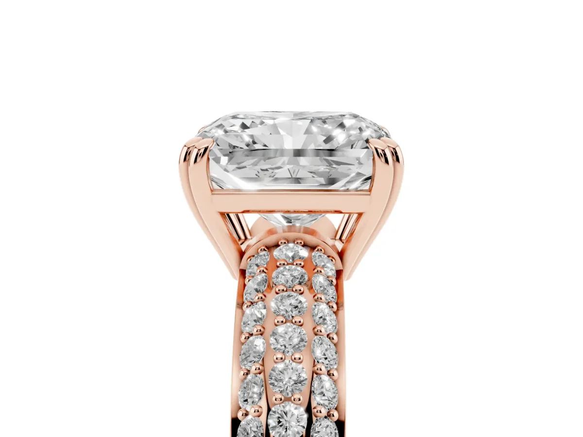 Radiant Cut Diamond Solitaire Ring with Multi-Row Round Pavé Band and Prong Setting Rose gold