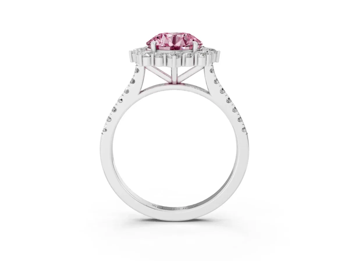 Fancy Pink Round Cut Halo Diamond Ring with Pavé Band and Prong Setting Silver