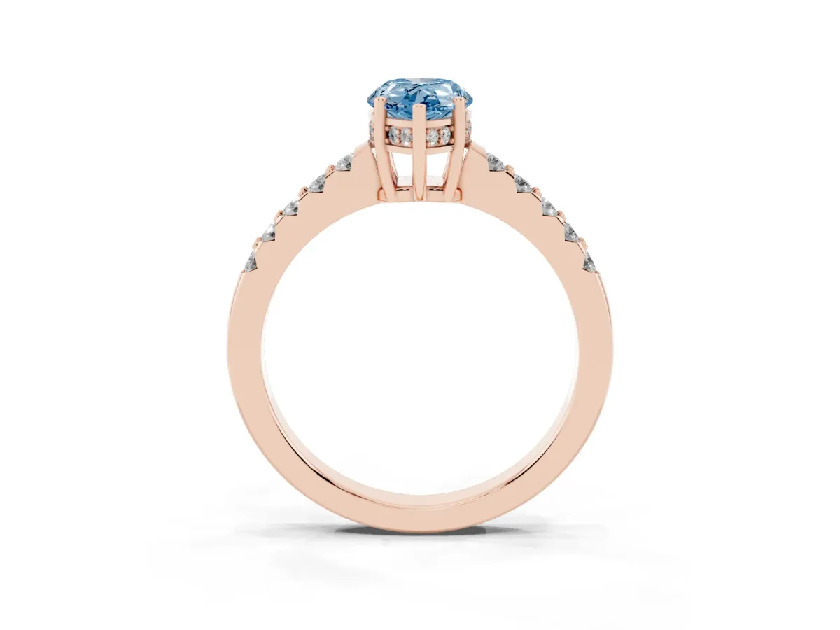 Fancy Blue Pear Cut Solitaire Diamond Engagement Ring with Pavé Band and Six-Prong Setting Rose gold