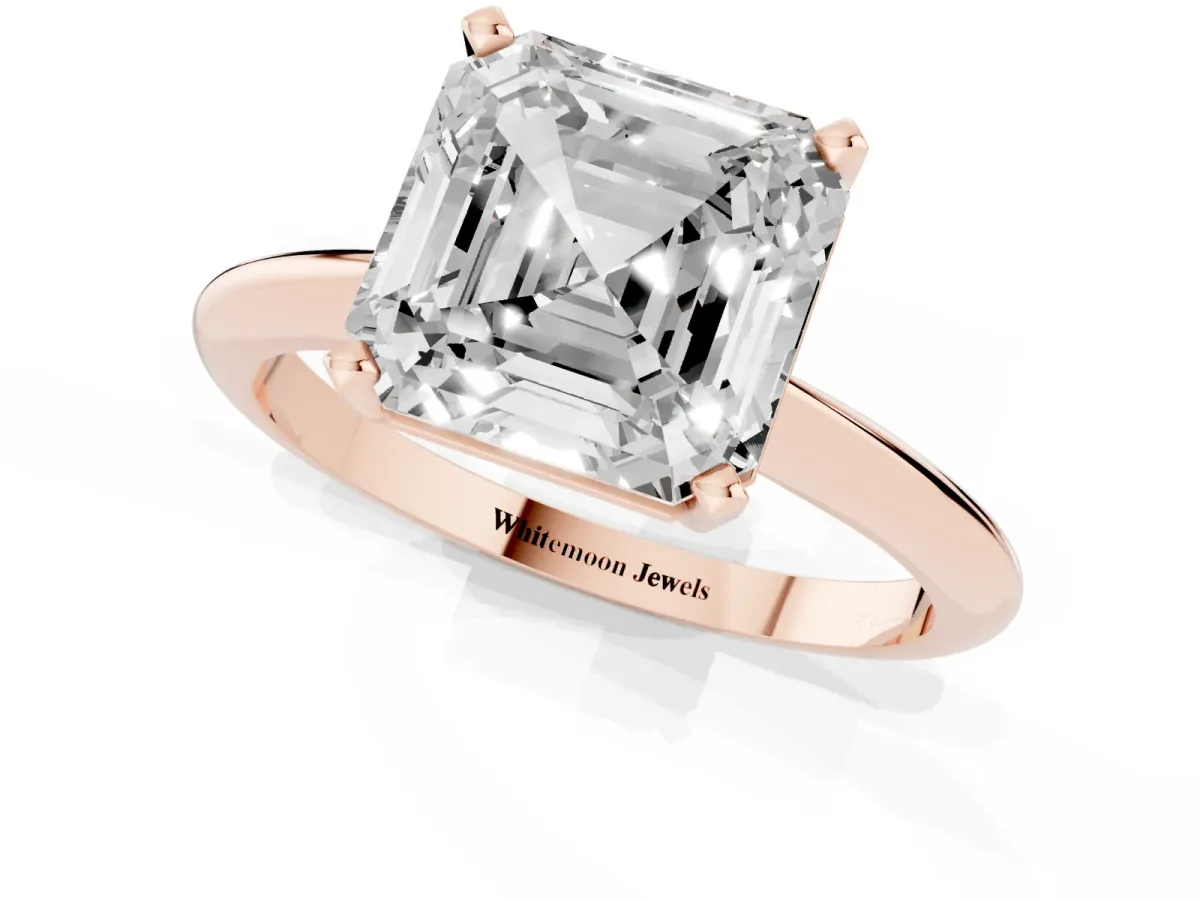 Asscher Cut Cut Solitaire Ring with Four-Prong Setting on a Classic Band Rose gold