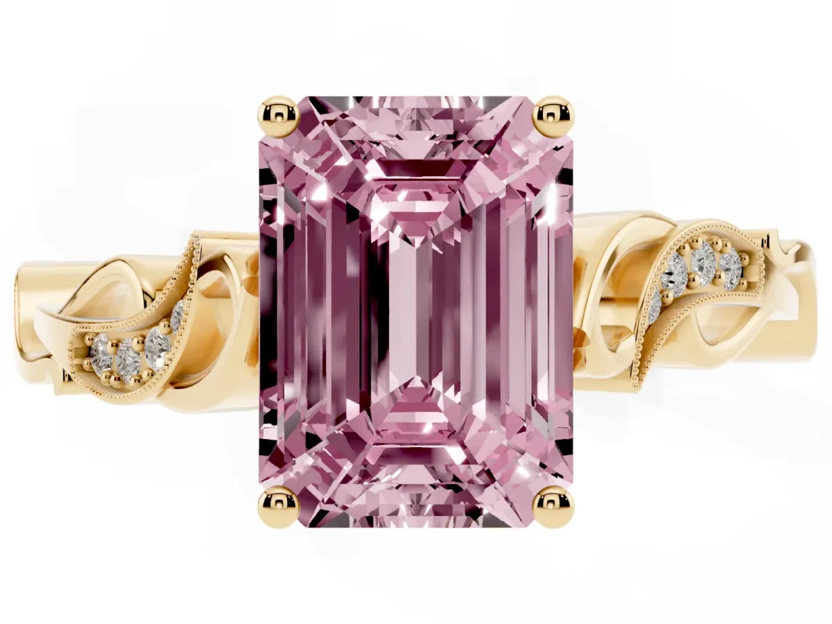 Fancy Pink Emerald Cut Solitaire Vine Band with Milgrain Prong Setting Yellow gold