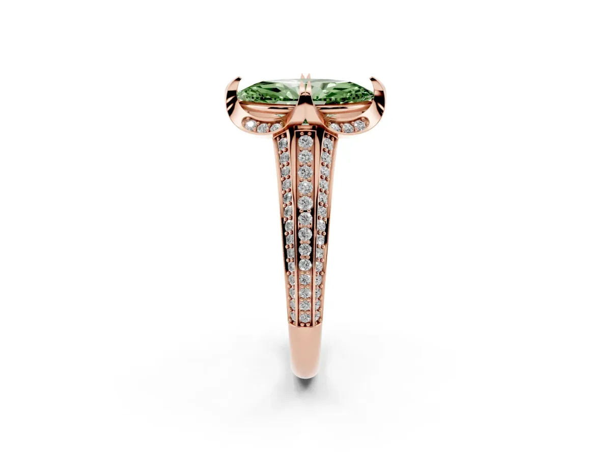 Fancy Green Marquise Cut Solitaire Pave Split Shank Ring with Four-Prong Setting Rose gold