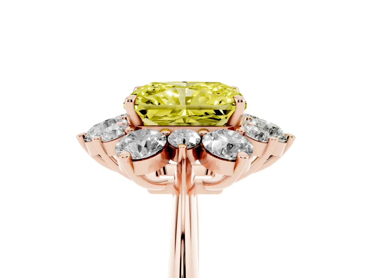 Fancy Yellow Radiant Cut Diamond Cluster Halo Ring with Solitaire Band and Four-Prong Setting Rose gold