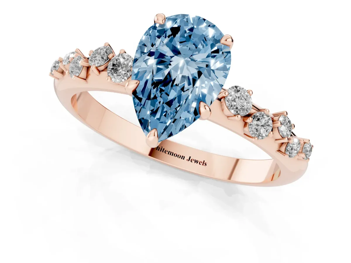 Fancy Blue Pear Cut Diamond Cluster Prong-Set Solitaire Ring Rose gold