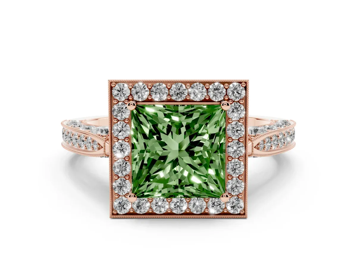 Fancy Green Princess Cut Halo Diamond Engagement Ring with Split Shank Band and Four-Prong Setting Rose gold
